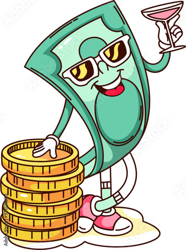 Groovy banknote cartoon character with golden coins and champagne glass. Funny retro paper money with sunglasses, golden win mascot, cartoon cash currency sticker of 70s 80s style vector illustration