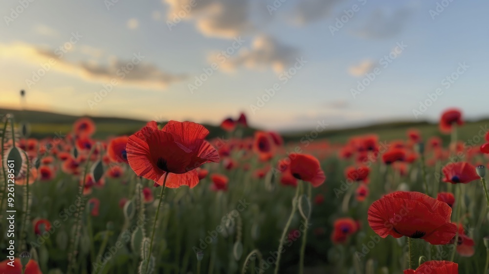 Fototapeta premium A sprawling meadow adorned with brilliant red poppies, contrasted by a clear blue sky, showcasing the splendor of nature and the serenity of rural life.