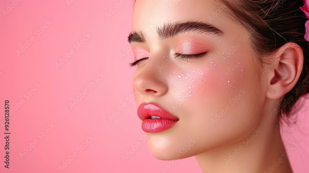 Young woman with radiant makeup poses against a pink backdrop, showcasing a fresh and vibrant look Young woman with radiant makeup poses against a pink backdrop, showcasing a fresh and vibrant look