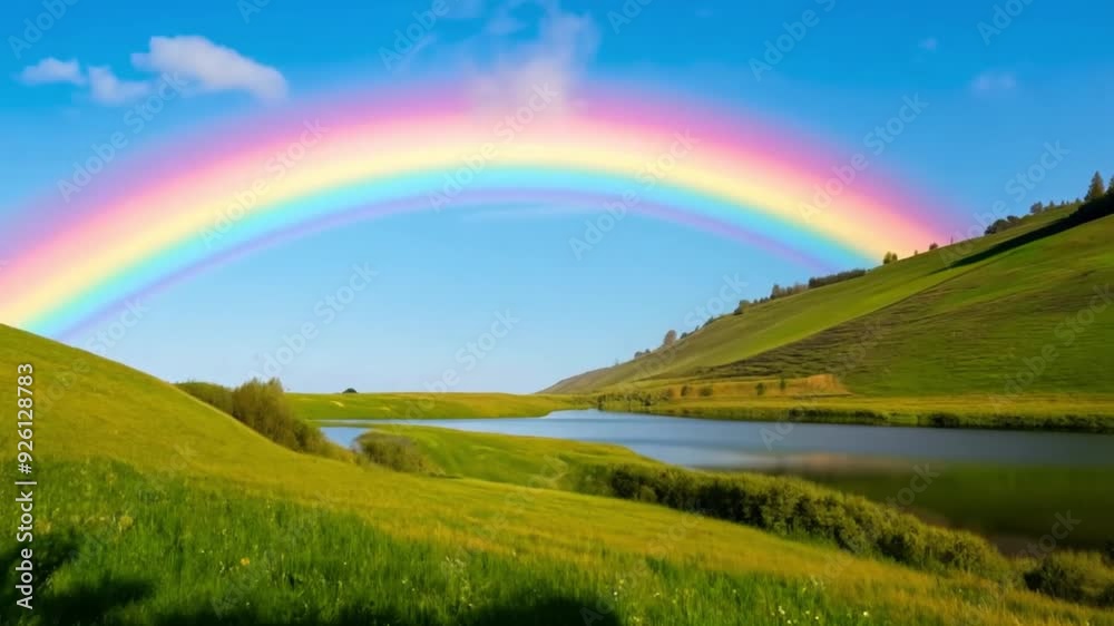 Vibrant rainbow arching over a lush green landscape with a river winding through it. Vibrant rainbow arching over a lush green landscape with a river winding through it.
