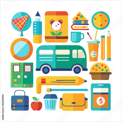 Set Of First Day of School Icon Set. A collection of icons related to the first day of school, including school buses, lunch boxes, pencils, and books, on a white background
