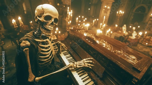 Eerie 3D Skeleton Playing Haunting Melodies on a Ghostly Piano with Floating Candles, Haunted Music Scene photo