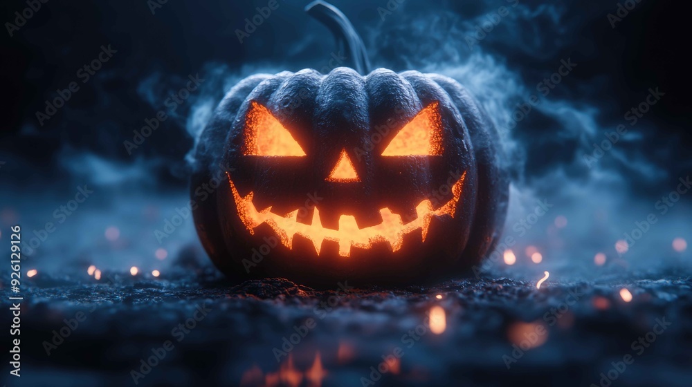 Naklejka premium Sinister 3D Jack-o'-Lantern with Swirling Fog and Full Moon - Classic Halloween Spooky Scene