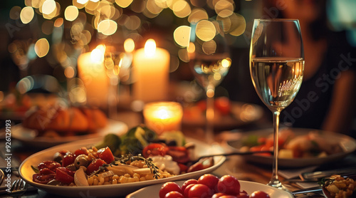 A table of food, delicious candlelight dinner. Generative AI.