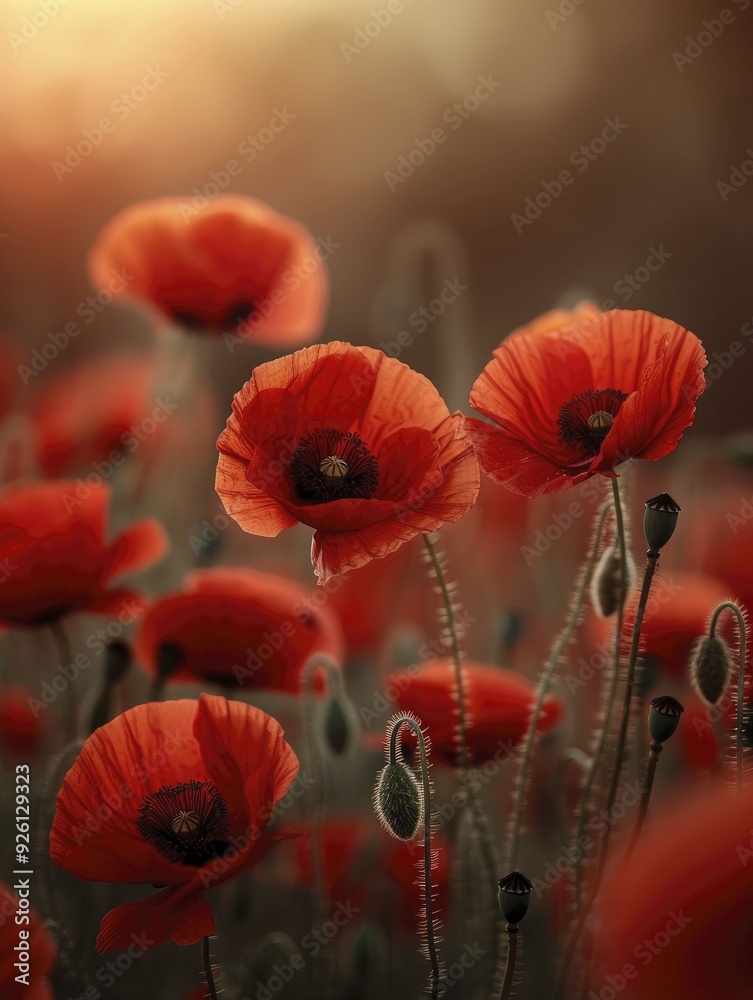 Fototapeta premium The backdrop features poppies in full bloom, highlighting the vivid red petals set against a gentle, blurred background that creates a breathtaking visual impact.