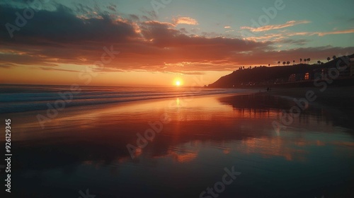 Coastal Tranquility: Serene Sunset at Tranquil Beach with Vibrant Orange and Pink Skies