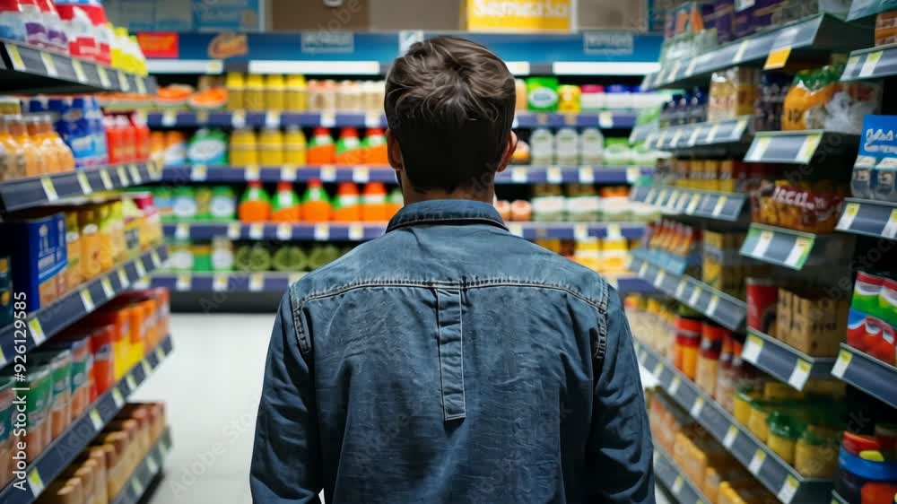 Young man shopping in a grocery store aisle filled with colorful products, back view of a shopper walking among shelves with goods