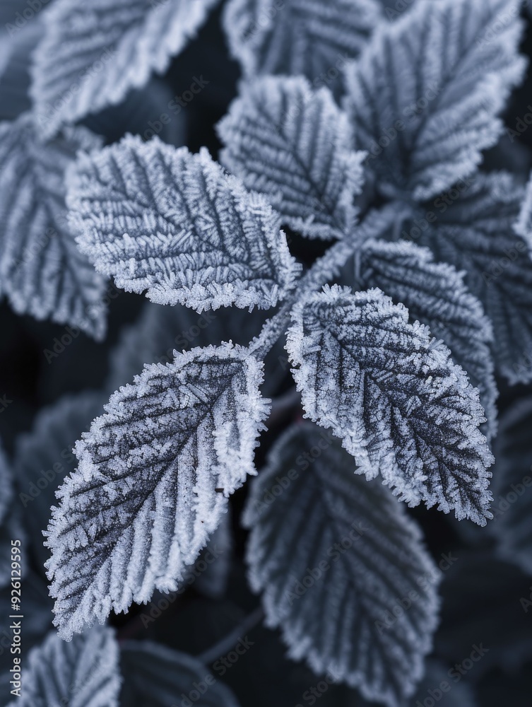 Close-up of frozen nature detail, capturing the intricate patterns and textures of ice crystals on leaves or branches Close-up of frozen nature detail, capturing the intricate patterns and textures of ice crystals on leaves or branches