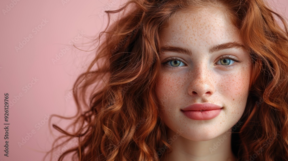 Young woman with curly red hair and striking green eyes poses against a pink background, showcasing her natural beauty Young woman with curly red hair and striking green eyes poses against a pink background, showcasing her natural beauty