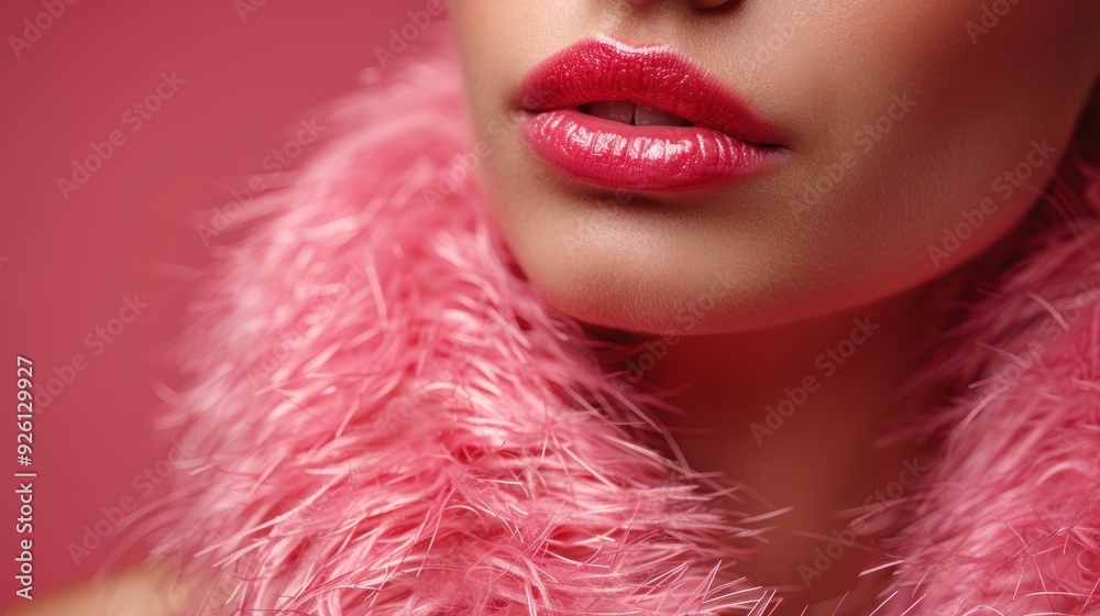 Close-up of a woman's lips with vibrant pink lipstick and a fluffy pink collar against a soft pink background Close-up of a woman's lips with vibrant pink lipstick and a fluffy pink collar against a soft pink background