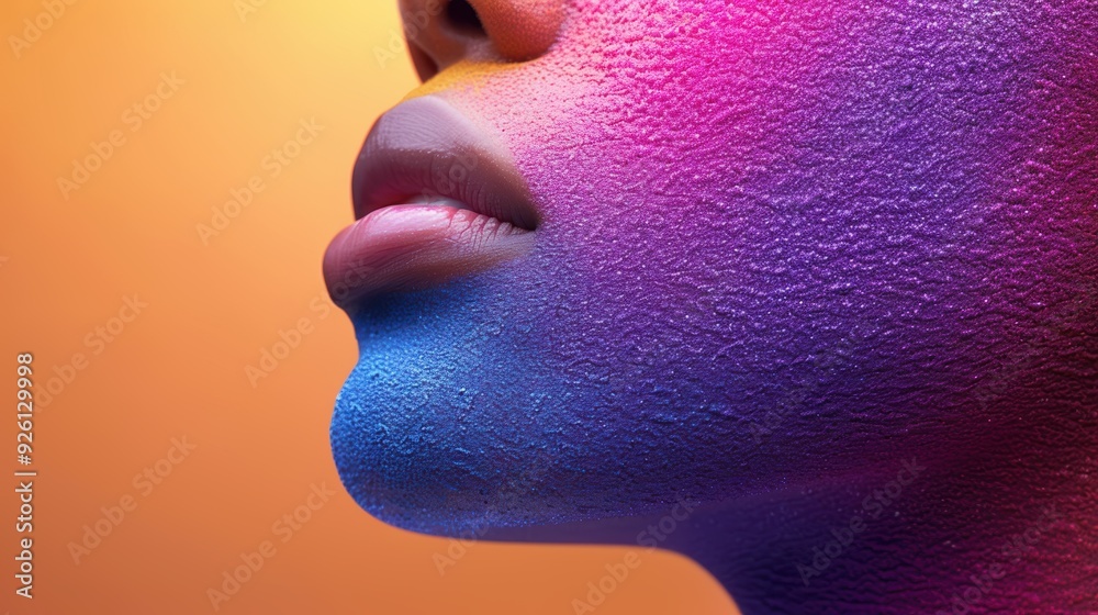 Colorful profile of a person with vibrant face paint against a warm gradient background Colorful profile of a person with vibrant face paint against a warm gradient background
