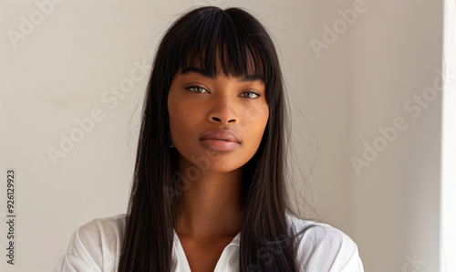 Portrait Of A Confident Woman With Long Straight Black Hair In Casual Setting