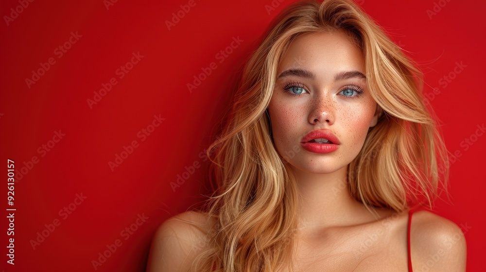 Young woman with blonde hair and striking blue eyes posing against a vibrant red background in a studio setting Young woman with blonde hair and striking blue eyes posing against a vibrant red background in a studio setting
