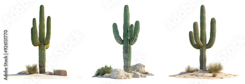 Three tall cacti isolated on transparent background