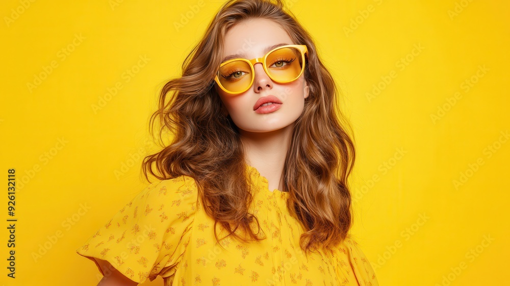 A young woman showcases her stylish yellow sunglasses with a confident expression and a matching outfit A young woman showcases her stylish yellow sunglasses with a confident expression and a matching outfit