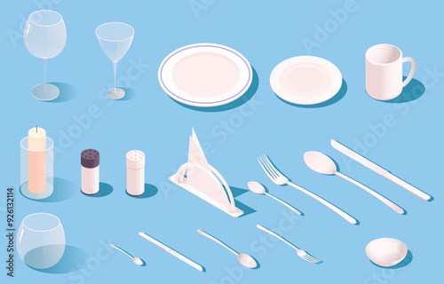 Image showing various tableware and utensils, including glasses, plates, mugs, cutlery, a candle, and napkins on a blue background. Concept of dining setup. Vector illustration