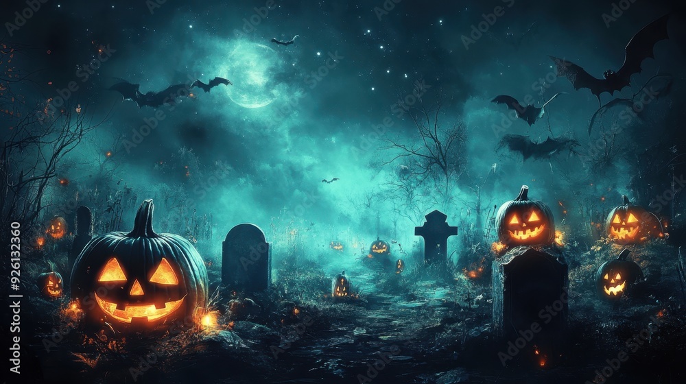 Spooky Halloween Flyer Template with Creepy Cemetery, Ghosts, Glowing Jack-o'-lanterns - Festive and Dark Design for Parties Spooky Halloween Flyer Template with Creepy Cemetery, Ghosts, Glowing Jack-o'-lanterns - Festive and Dark Design for Parties