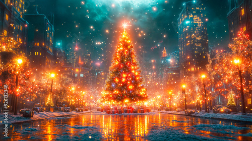 Sapin de Noël géant lumineux sous la neige photo