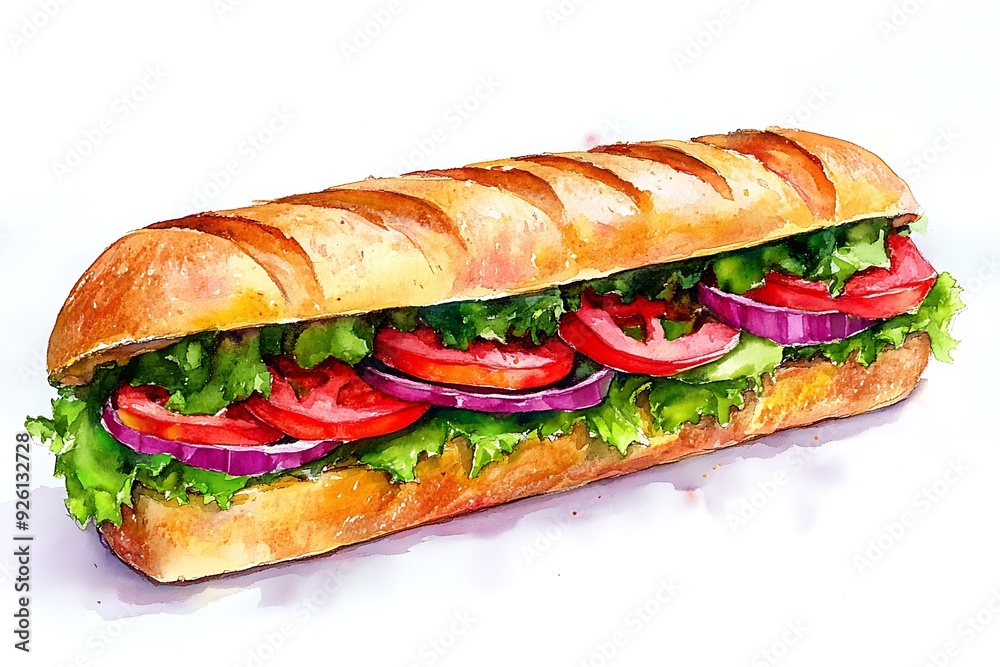Watercolor Painting of a Fresh and Delicious Sub Sandwich with Tomatoes, Red Onion, and Lettuce. Watercolor Painting of a Fresh and Delicious Sub Sandwich with Tomatoes, Red Onion, and Lettuce.