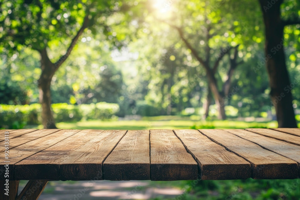Empty wood table top and blurred green tree in the park garden background - can used for display or montage your products, ai Empty wood table top and blurred green tree in the park garden background - can used for display or montage your products, ai