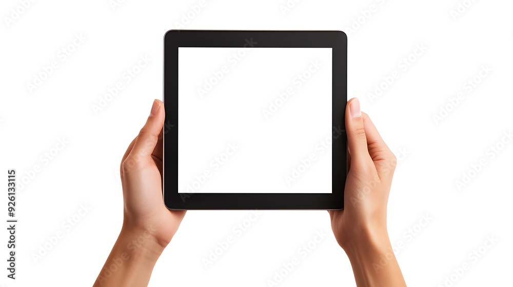Close up of female hands holding a black tablet with blank screen isolated on a white background. Close up of female hands holding a black tablet with blank screen isolated on a white background.