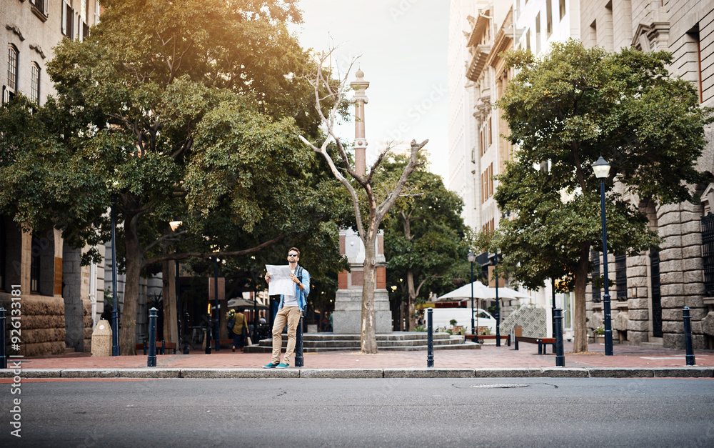 Obraz premium Travel, man or map in city for journey, tourism or guide for direction in Italy. Location, paper or architecture enthusiast in town center for vacation, holiday or backpacking in Europe at buildings