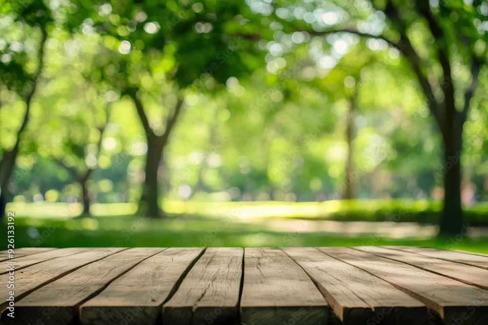 Empty wood table top and blurred green tree in the park garden background - can used for display or montage your products, ai Empty wood table top and blurred green tree in the park garden background - can used for display or montage your products, ai