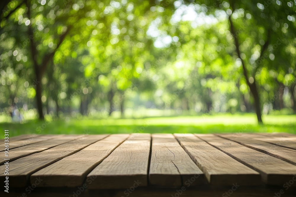 Empty wood table top and blurred green tree in the park garden background - can used for display or montage your products, ai Empty wood table top and blurred green tree in the park garden background - can used for display or montage your products, ai