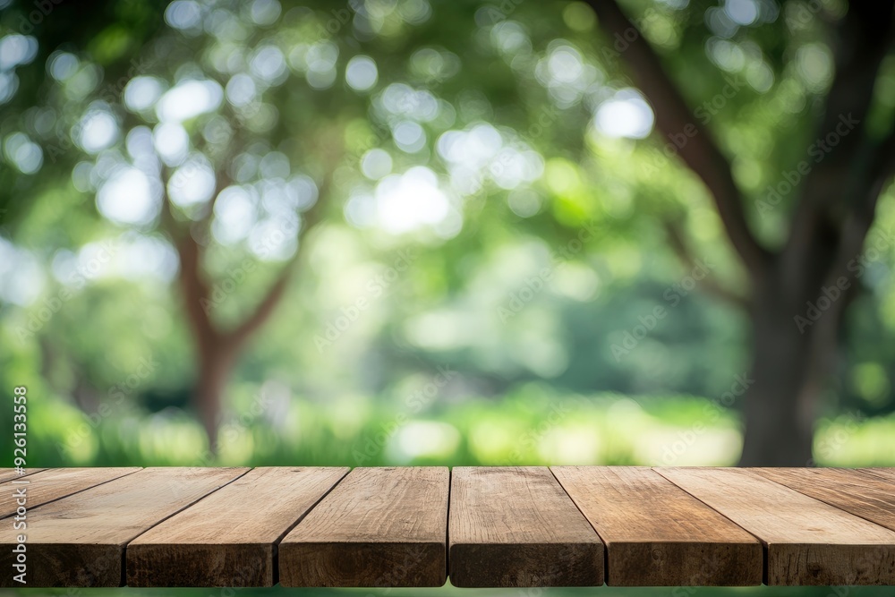 Empty wood table top and blurred green tree in the park garden background - can used for display or montage your products, ai Empty wood table top and blurred green tree in the park garden background - can used for display or montage your products, ai