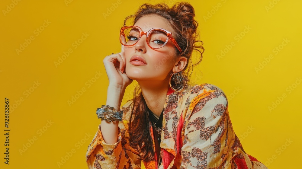A young woman poses with confidence, flaunting her fashion sense against a bright yellow backdrop A young woman poses with confidence, flaunting her fashion sense against a bright yellow backdrop