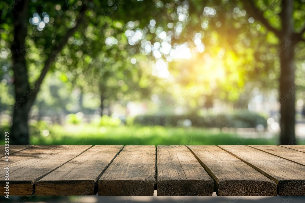 Empty wood table top and blurred green tree in the park garden background - can used for display or montage your products, ai Empty wood table top and blurred green tree in the park garden background - can used for display or montage your products, ai