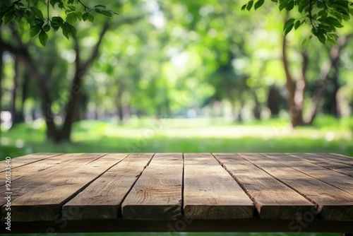 Empty wood table top and blurred green tree in the park garden background - can used for display or montage your products, ai