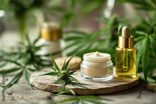 Small jar with cream lotion and oil dropper bottle, cannabis leaves near. Botanical herbal cosmetics concept. Generative AI