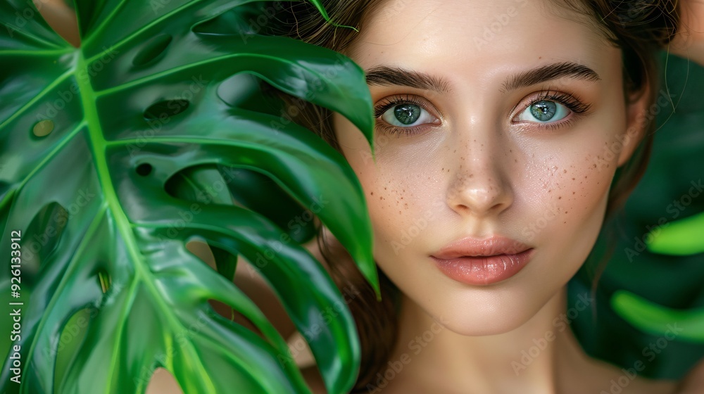 Model with clean, healthy skin of face, Monstera leaves Model with clean, healthy skin of face, Monstera leaves