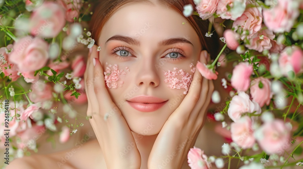 Obraz premium Beautiful young woman with clean fresh skin touching her face in flowers, girl facial treatment