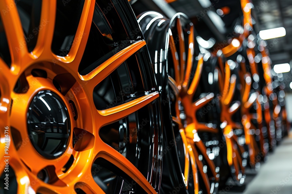 Car rims line the shelves of auto tire shops with orange rims. Stock ...