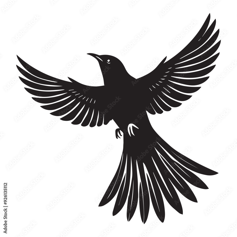 Obraz premium Common Cuckoo silhouette, European Cuckoo Bird Clipart, Common Cuckoo hovering in mid-air Illustration in black and white