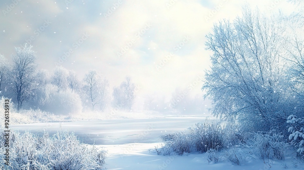 Winter Wonderland: Serene winter landscape, frosted trees and a frozen lake bathed in ethereal sunlight. A picturesque scene of tranquility and winter magic. Winter Wonderland: Serene winter landscape, frosted trees and a frozen lake bathed in ethereal sunlight. A picturesque scene of tranquility and winter magic.