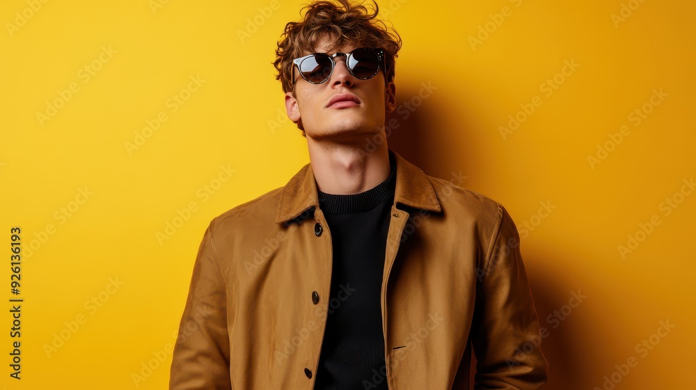 A young man stands against a vibrant yellow wall, exuding style with sunglasses and a casual jacket A young man stands against a vibrant yellow wall, exuding style with sunglasses and a casual jacket
