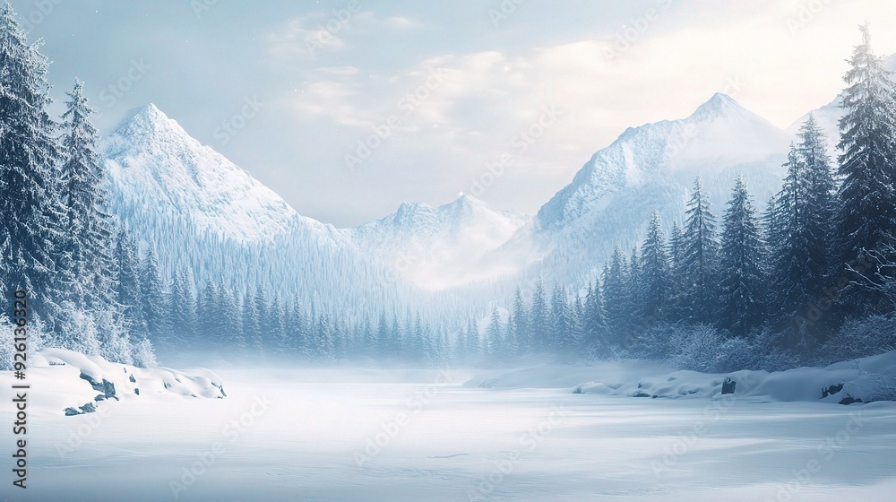 Frozen Serenity: A tranquil winter wonderland unfolds, where snow-capped mountains rise above a pristine frozen lake, their peaks kissed by the ethereal glow of dawn. Frozen Serenity: A tranquil winter wonderland unfolds, where snow-capped mountains rise above a pristine frozen lake, their peaks kissed by the ethereal glow of dawn.