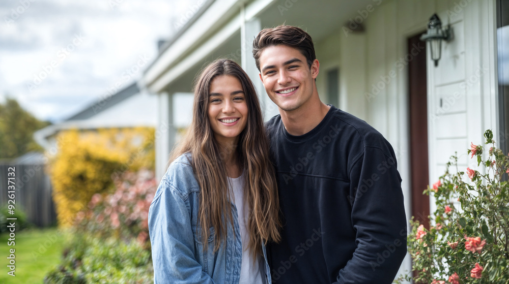 Naklejka premium Happy Couple in Front of Their New Home