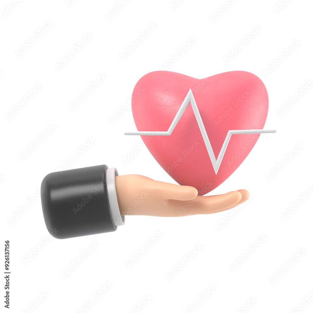 3d render. Medical heart rate icon. Doctor or cardiologist cartoon hand ...