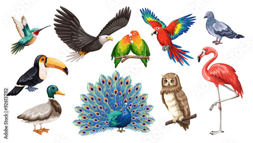 Wild and zoo different birds cartoon set. Birds portrait collection of toucan, pigeon and peacock, flamingo and duck. Flying cartoon hummingbird, macaw and eagle, lovebirds, owl vector illustration