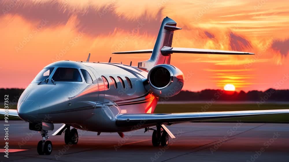 private jet is parked on a runway, set against a vibrant sunset with shades of orange, pink, and purple. Luxury travel and vacation concept private jet is parked on a runway, set against a vibrant sunset with shades of orange, pink, and purple. Luxury travel and vacation concept