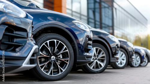 A line of luxury SUVs parked outside a modern dealership, showcasing various models in a clean, urban setting.