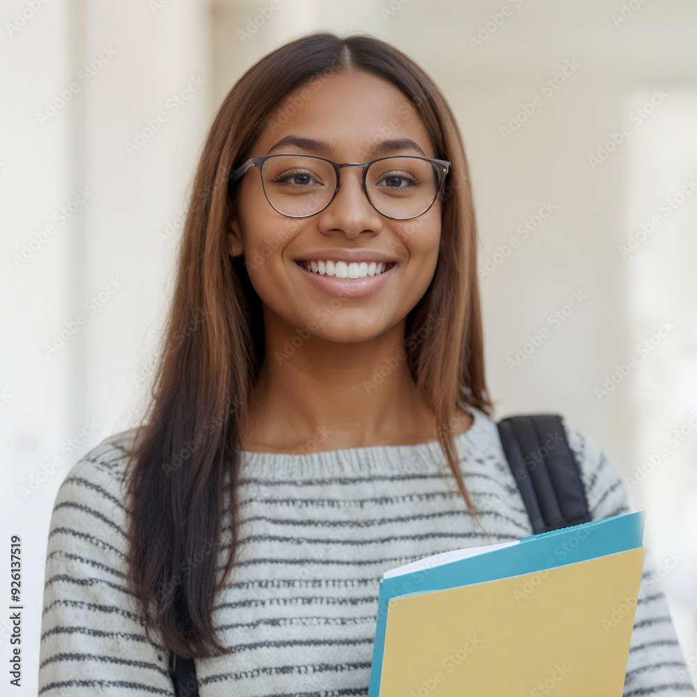 Brazilian young student woman wearing glasses is smiling and holding a stack of books. Concept of confidence and intelligence, as the woman is carrying her school materials with pride Brazilian young student woman wearing glasses is smiling and holding a stack of books. Concept of confidence and intelligence, as the woman is carrying her school materials with pride
