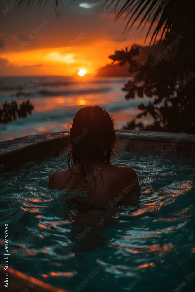 A woman is in a hot tub with the sun setting in the background. Scene is relaxing and peaceful A woman is in a hot tub with the sun setting in the background. Scene is relaxing and peaceful