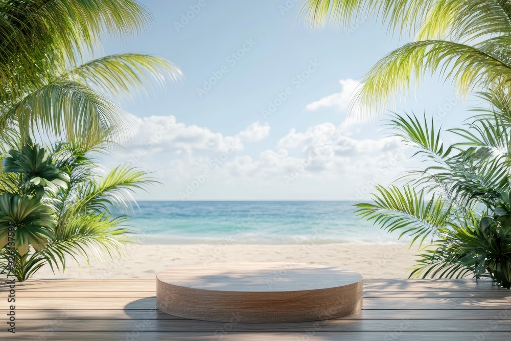 Fototapeta premium Summer product display on wooden podium at sea tropical beach with generative ai