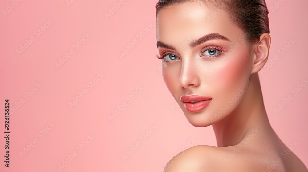 Fototapeta premium Stunning Portrait of a Beautiful Woman with Flawless Skin Against a Soft Pink Background