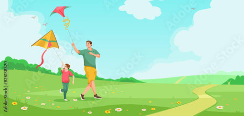 Father and child flying kites in a park on a sunny day, surrounded by green hills and flowers. Bright and cheerful background. Concept of bonding and outdoor activities. Vector illustration